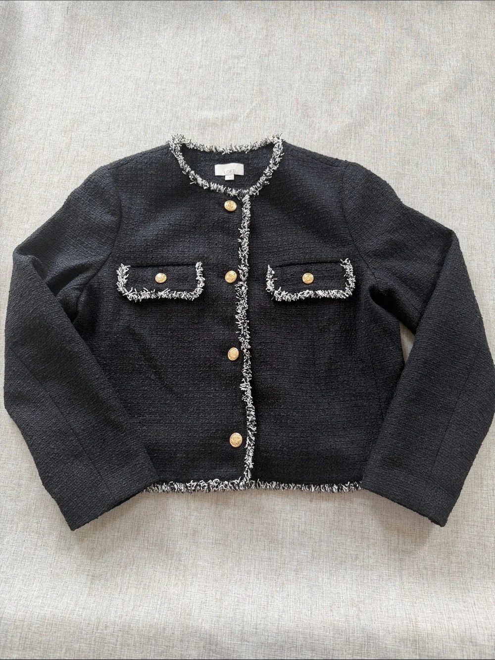 LOFT Tweed Jacket Women’s Large Black Textured Cropped Contrast Fringe Trim